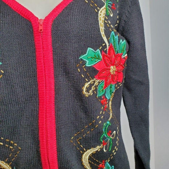Heirloom Collections Poinsettia Beaded Cardigan - Picture 4 of 7